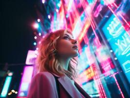 donna nel futuristico Abiti gode senza fretta passeggiare attraverso neon città strade ai generativo foto