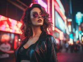 donna nel futuristico Abiti gode senza fretta passeggiare attraverso neon città strade ai generativo foto