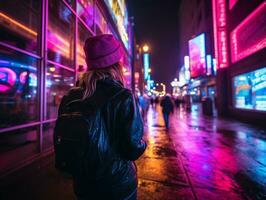 donna nel futuristico Abiti gode senza fretta passeggiare attraverso neon città strade ai generativo foto