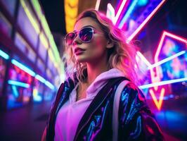 donna nel futuristico Abiti gode senza fretta passeggiare attraverso neon città strade ai generativo foto