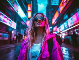 donna nel futuristico Abiti gode senza fretta passeggiare attraverso neon città strade ai generativo foto