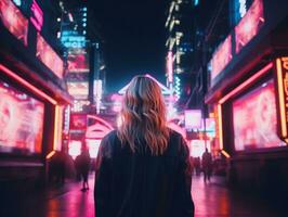 donna nel futuristico Abiti gode senza fretta passeggiare attraverso neon città strade ai generativo foto