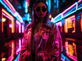 donna nel futuristico Abiti gode senza fretta passeggiare attraverso neon città strade ai generativo foto