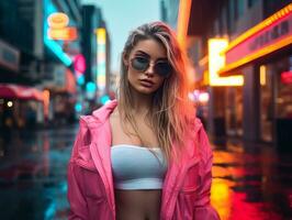 donna nel futuristico Abiti gode senza fretta passeggiare attraverso neon città strade ai generativo foto