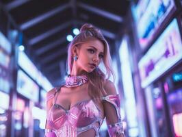 donna nel futuristico Abiti gode senza fretta passeggiare attraverso neon città strade ai generativo foto