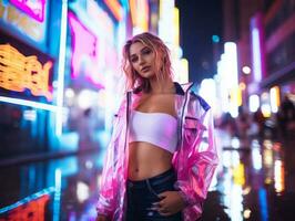 donna nel futuristico Abiti gode senza fretta passeggiare attraverso neon città strade ai generativo foto