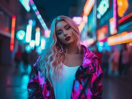 donna nel futuristico Abiti gode senza fretta passeggiare attraverso neon città strade ai generativo foto