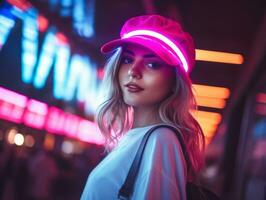 donna nel futuristico Abiti gode senza fretta passeggiare attraverso neon città strade ai generativo foto