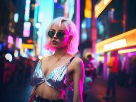 donna nel futuristico Abiti gode senza fretta passeggiare attraverso neon città strade ai generativo foto