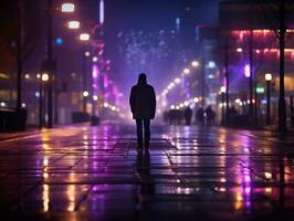 uomo nel futuro prova Abiti gode un' senza fretta passeggiare attraverso un' neon illuminato città strade ai generativo foto