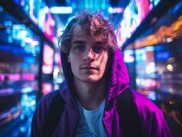 uomo nel futuro prova Abiti gode un' senza fretta passeggiare attraverso un' neon illuminato città strade ai generativo foto