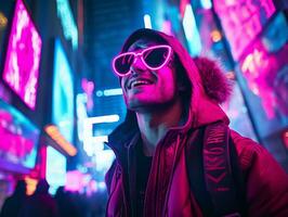 uomo nel futuro prova Abiti gode un' senza fretta passeggiare attraverso un' neon illuminato città strade ai generativo foto