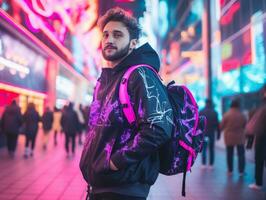 uomo nel futuro prova Abiti gode un' senza fretta passeggiare attraverso un' neon illuminato città strade ai generativo foto