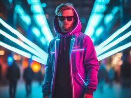 uomo nel futuro prova Abiti gode un' senza fretta passeggiare attraverso un' neon illuminato città strade ai generativo foto