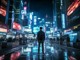 uomo nel futuro prova Abiti gode un' senza fretta passeggiare attraverso un' neon illuminato città strade ai generativo foto