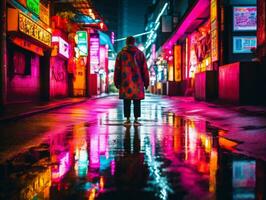 uomo nel futuro prova Abiti gode un' senza fretta passeggiare attraverso un' neon illuminato città strade ai generativo foto