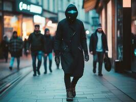 uomo nel futuristico Abiti gode un' senza fretta passeggiare attraverso un' città strade ai generativo foto