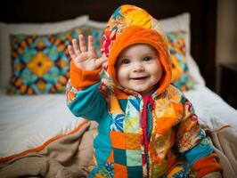 adorabile bambino con vivace capi di abbigliamento nel un' giocoso posa ai generativo foto