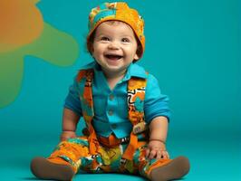 adorabile bambino con vivace capi di abbigliamento nel un' giocoso posa ai generativo foto