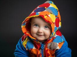 adorabile bambino con vivace capi di abbigliamento nel un' giocoso posa ai generativo foto