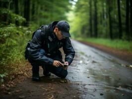 poliziotto è meticolosamente l'esame il scena per prova durante il suo indagine ai generativo foto