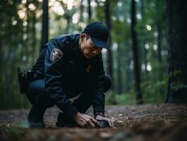 poliziotto è meticolosamente l'esame il scena per prova durante il suo indagine ai generativo foto