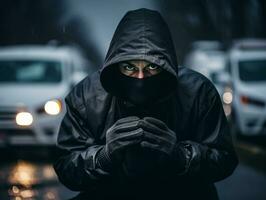 poliziotto è meticolosamente l'esame il scena per prova durante il suo indagine ai generativo foto