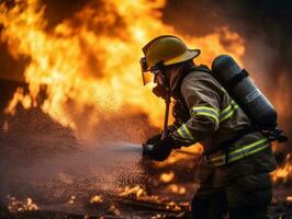 coraggioso maschio pompiere senza paura affronta il sfolgorante inferno ai generativo foto