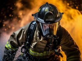 coraggioso maschio pompiere senza paura affronta il sfolgorante inferno ai generativo foto