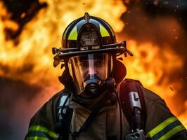 coraggioso maschio pompiere senza paura affronta il sfolgorante inferno ai generativo foto