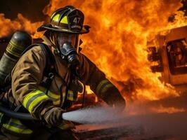 coraggioso maschio pompiere senza paura affronta il sfolgorante inferno ai generativo foto