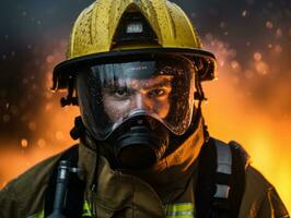 coraggioso maschio pompiere senza paura affronta il sfolgorante inferno ai generativo foto