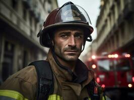 coraggioso maschio pompiere senza paura affronta il sfolgorante inferno ai generativo foto