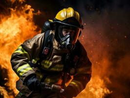 coraggioso maschio pompiere senza paura affronta il sfolgorante inferno ai generativo foto