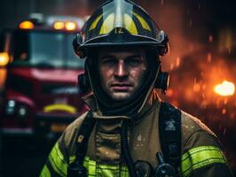 coraggioso maschio pompiere senza paura affronta il sfolgorante inferno ai generativo foto