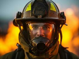 coraggioso maschio pompiere senza paura affronta il sfolgorante inferno ai generativo foto