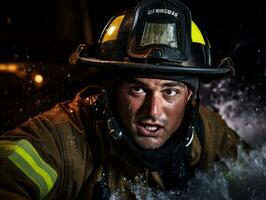 coraggioso maschio pompiere senza paura affronta il sfolgorante inferno ai generativo foto