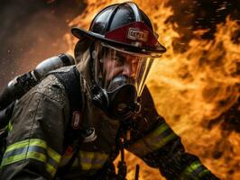 coraggioso maschio pompiere senza paura affronta il sfolgorante inferno ai generativo foto