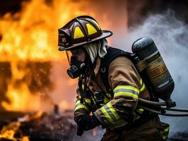 coraggioso maschio pompiere senza paura affronta il sfolgorante inferno ai generativo foto