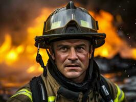 coraggioso maschio pompiere senza paura affronta il sfolgorante inferno ai generativo foto