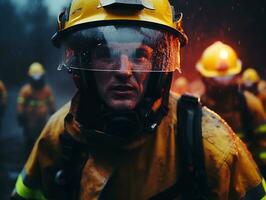 coraggioso maschio pompiere senza paura affronta il sfolgorante inferno ai generativo foto