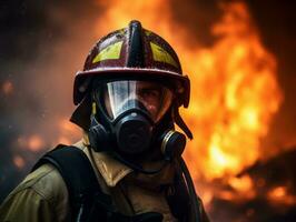 coraggioso maschio pompiere senza paura affronta il sfolgorante inferno ai generativo foto