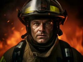 coraggioso maschio pompiere senza paura affronta il sfolgorante inferno ai generativo foto