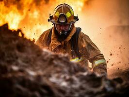 coraggioso maschio pompiere senza paura affronta il sfolgorante inferno ai generativo foto