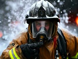 coraggioso maschio pompiere senza paura affronta il sfolgorante inferno ai generativo foto