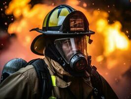 coraggioso maschio pompiere senza paura affronta il sfolgorante inferno ai generativo foto