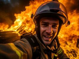 coraggioso maschio pompiere senza paura affronta il sfolgorante inferno ai generativo foto