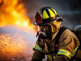 coraggioso maschio pompiere senza paura affronta il sfolgorante inferno ai generativo foto