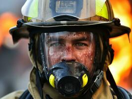 coraggioso maschio pompiere senza paura affronta il sfolgorante inferno ai generativo foto