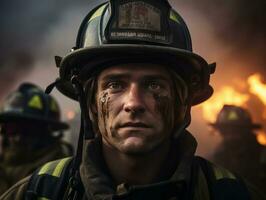 coraggioso maschio pompiere senza paura affronta il sfolgorante inferno ai generativo foto